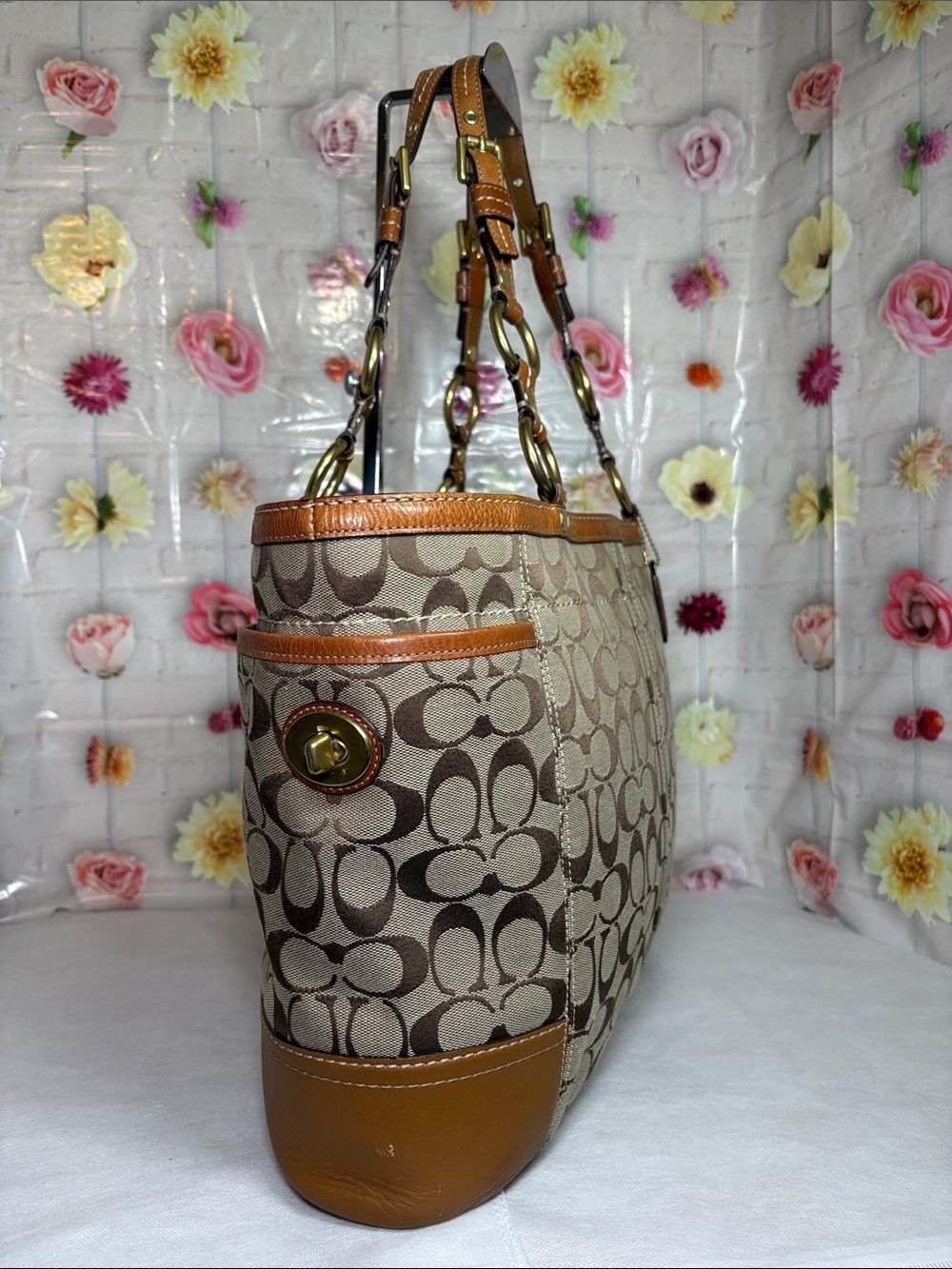 2007 Coach Brass Turnlock Buckle Straps Signature Canvas Camel Leather 15x11x4 - Picture 4 of 15